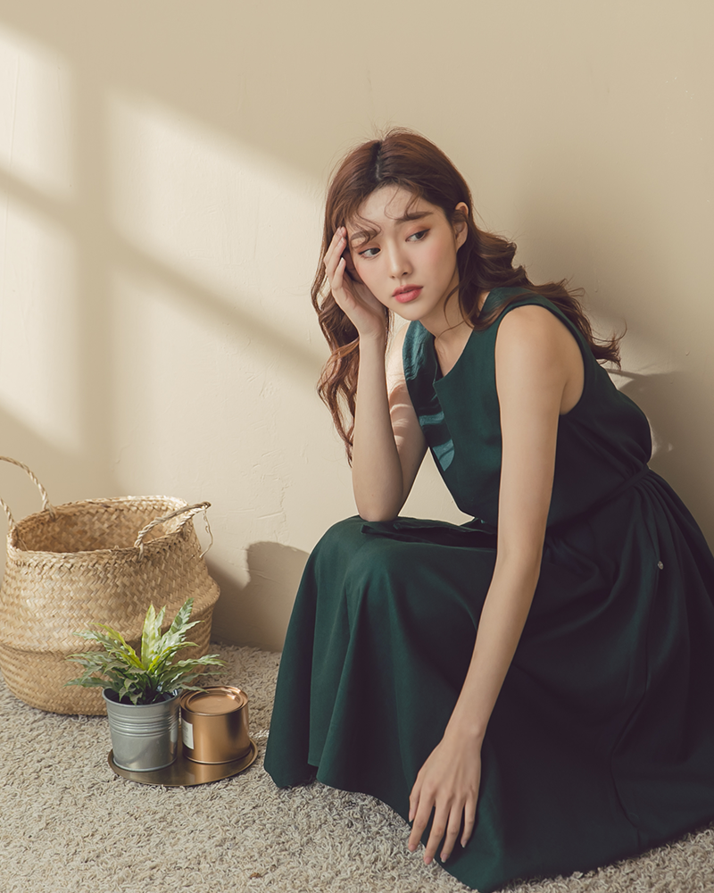 Tiff洋裝-棉麻綁帶素面洋裝