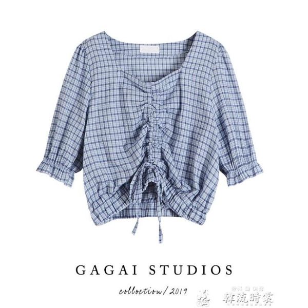 夏季新款韓版寬鬆半袖抽繩短袖上衣小清新方領短款襯衫女