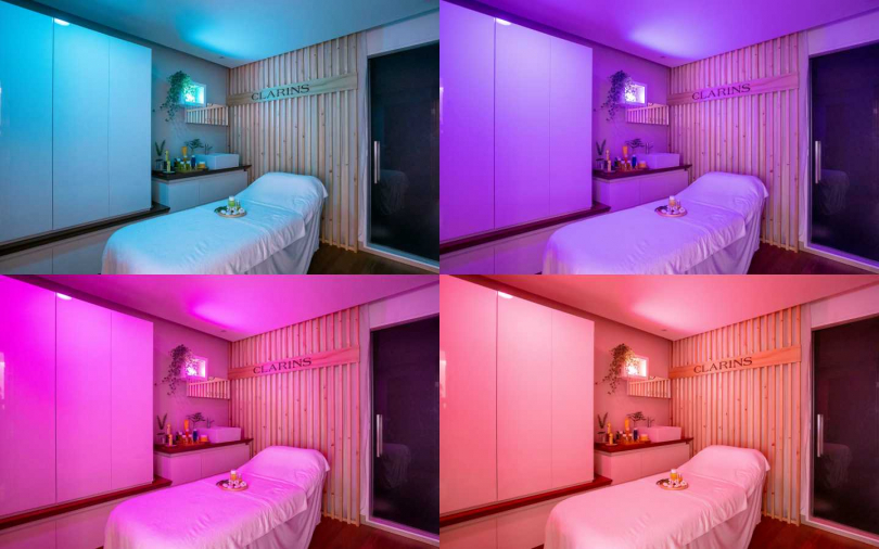 療程室就可以調成你想要的顏色燈光，讓顏色傳遞正向能量波長透過肌膚傳達至腦部，產生深層療癒效果。