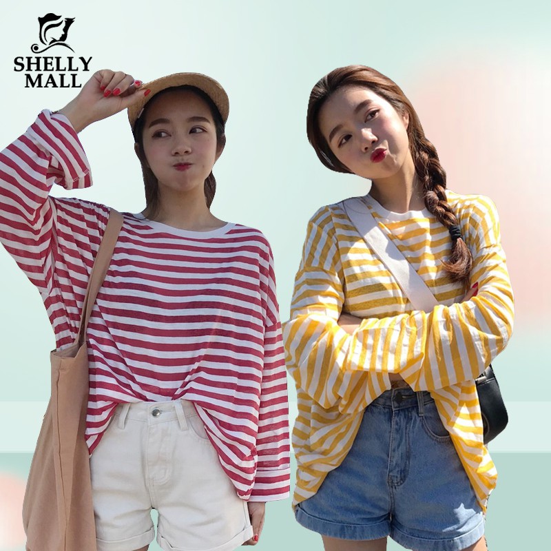 [新品搶鮮] 長袖條紋t恤 學院風 閨蜜T恤 多色可選 條紋t恤 休閒T恤 寬鬆oversize條紋長袖T恤 希希家