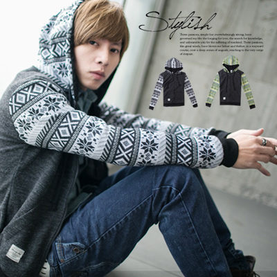 柒零年代For Now【N8373J】首爾型男北歐設計感民族雪花針織接袖連帽外套(GS9188)
