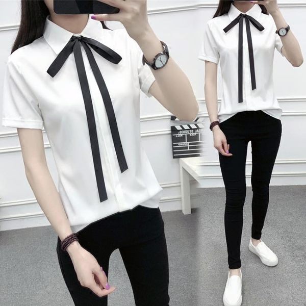 大呎碼韓范雪紡白襯衫女短袖蝴蝶結娃娃領學院風小衫襯衣潮 樂芙美鞋
