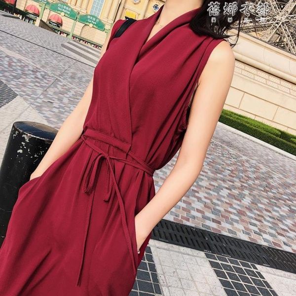 韓版夏季通勤中腰修身純色無袖連身裙F6316 蓓娜衣都