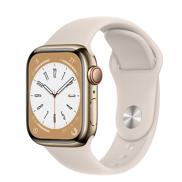 Apple Watch Series 8 (GPS + 行動網路)；41 公釐金色不鏽鋼錶殼；星光色運動型錶帶 - 標準 -