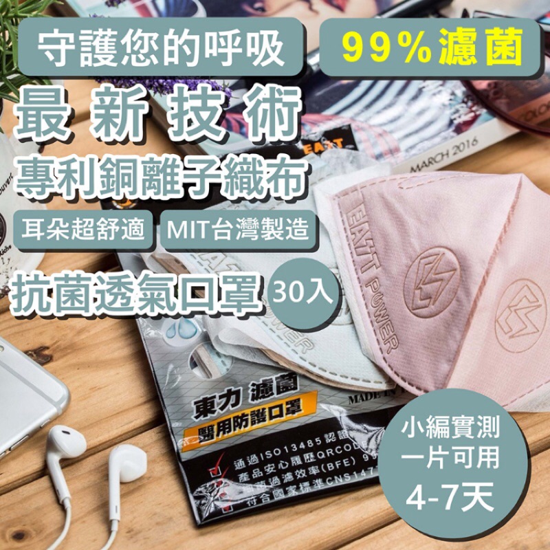 99%濾菌 台灣東力 專利銅離子織布 抗菌透氣防水口罩30入~耳朵超舒適 MIT台灣製造空氣越來越髒霧霾讓天空整天灰濛濛這樣的空氣 你能放心嗎?多戴一個口罩 多一層保障使用最新技術 專利銅離子織布經過