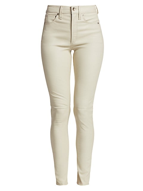 Must-have lamb leather skinny jeans with a flattering high waist.; Five-pocket styling; Zip fly; Lea