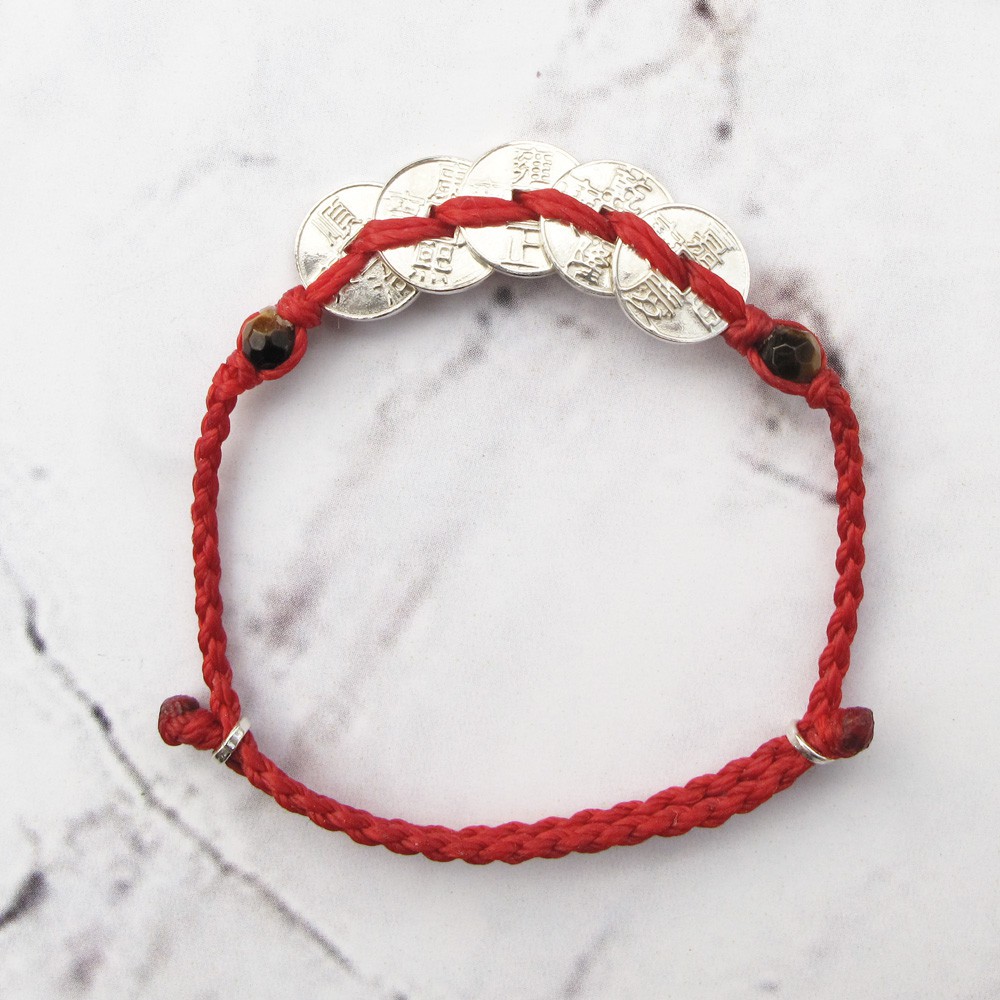 老少咸宜 五帝錢x虎眼石x保平安 純銀小孩蠟線手鍊【大員囡仔】