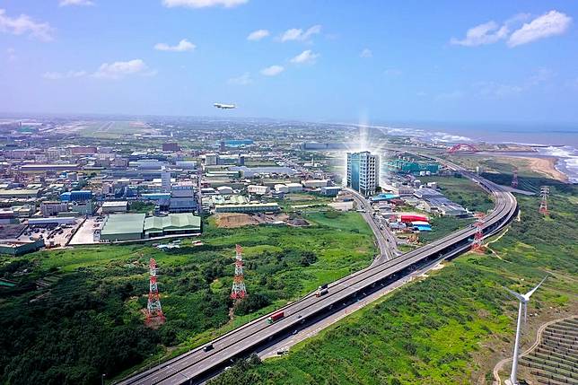 蘆竹指標廠辦鴻輝AI首席，緊鄰桃園機場、近台北港，擁台61西濱、與國道1甲雙大道陸海空運輸優勢，為國際商貿首選區段。（圖／天麒建設提供）