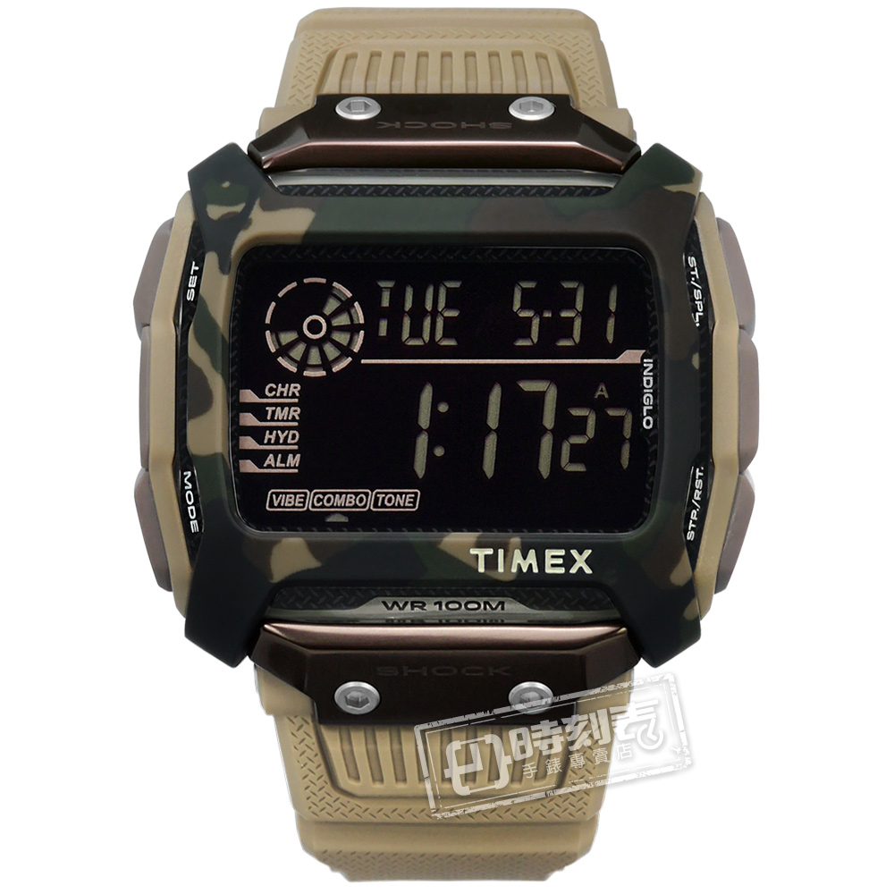 timex 天美時 遠征系列，是極限運動領域的頂尖代表。腕錶採用迷彩錶殼搭配柔軟耐用橡膠錶帶，粗曠的外表及高防水性能都彰顯其戶外以及水中的強大韌性，如此耀眼的運動錶款，值得你擁有！