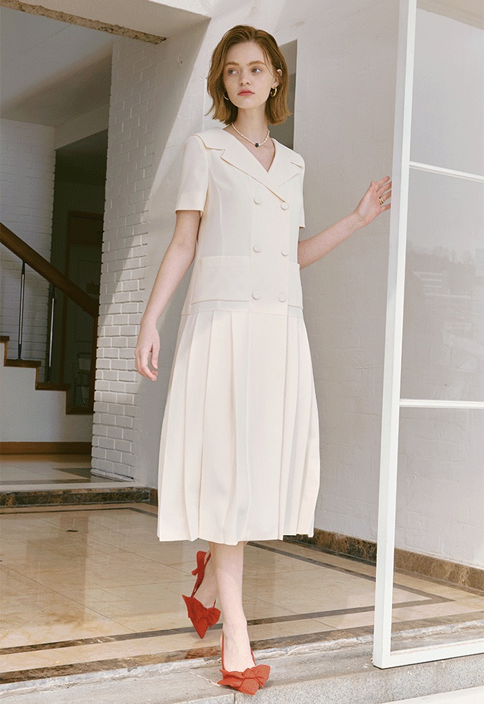S BLANC Leanna Tailored Double Button Pleated Dress