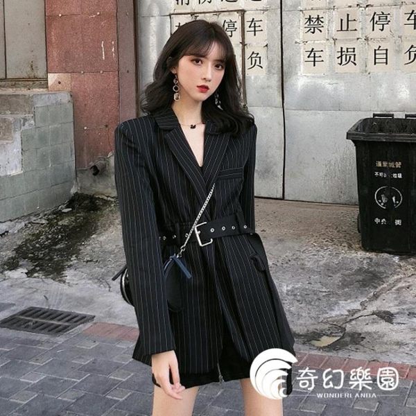 西裝外套-時尚小香風中長款復古氣質秋款條紋寬松chic百搭西裝外套女帶腰帶-奇幻樂園