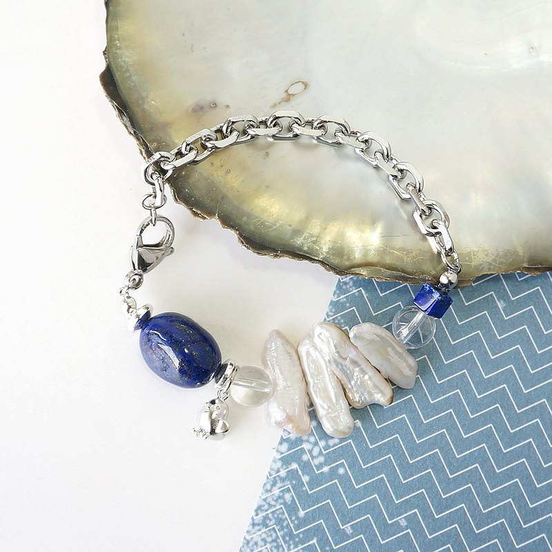 Royal blue Lapis Lazuli gemstone bracelet with little bird and cultured Pearl sticks, stainless stee