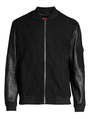 Mid weight velour and leather jacket with zip closure and pockets in a classic fit.; Baseball collar