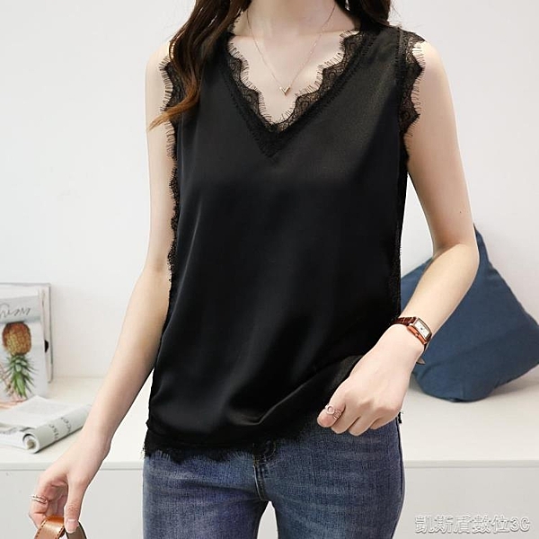大碼t恤女夏裝新款女修身顯瘦蕾絲美背吊帶背心遮肚子打底衫