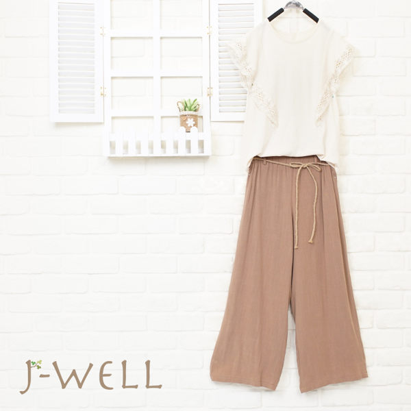 J-WELL 小資氣質款上衣棉麻綁繩寬褲兩件組 (組合A30 8J1478卡其F+8J1477咖啡F)