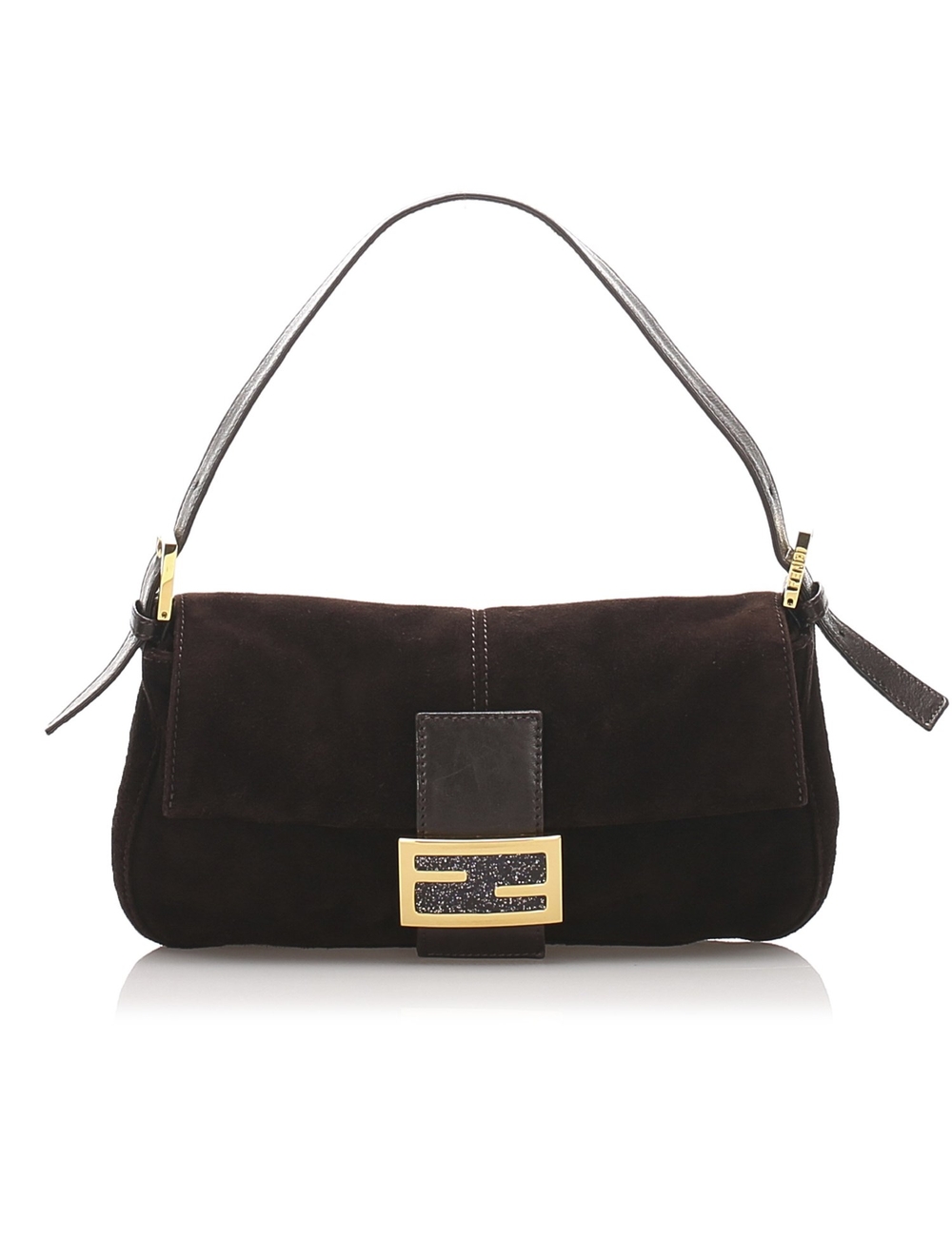 Product Details: Brown Fendi Suede Mamma Baguette. The Mamma baguette features a suede body, a flat