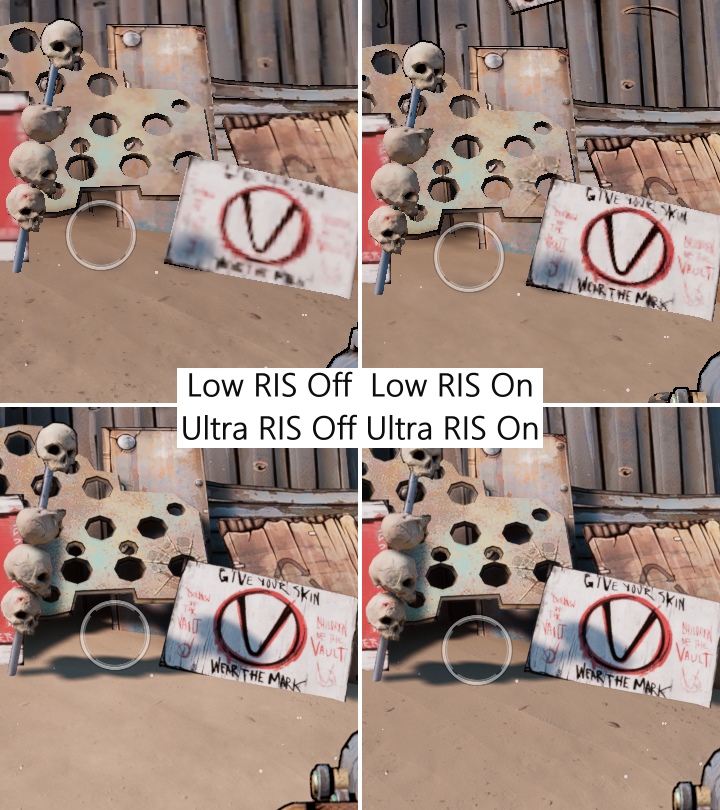 非常低且關閉Radeon Image Sharpening狀況下畫質相當粗糙，開啟Radeon Image Sharpening後畫面明顯銳利許多。狠角色則沒有開關Radeon Image Sharpening則沒有太大的差異。