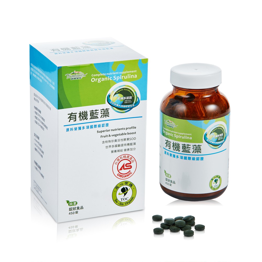 #藍藻#綜合維他命【商品資訊】品名：有機藍藻(錠狀食品、純素)成份：有機藍藻粉(印度)、二氧化矽原產地：台灣商品規格：90公克±5%(200mg×450錠/罐)建議用量：成人每天食用15錠，6歲以下減