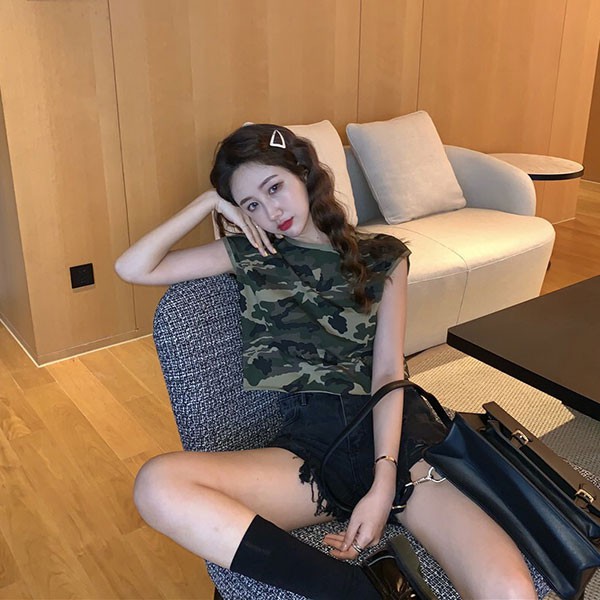 NXS 迷彩 短版 背心 棉質 無袖 上衣 T 熱舞 跳舞 火辣 性感 露肚 休閒 寬鬆 潮流 歐美