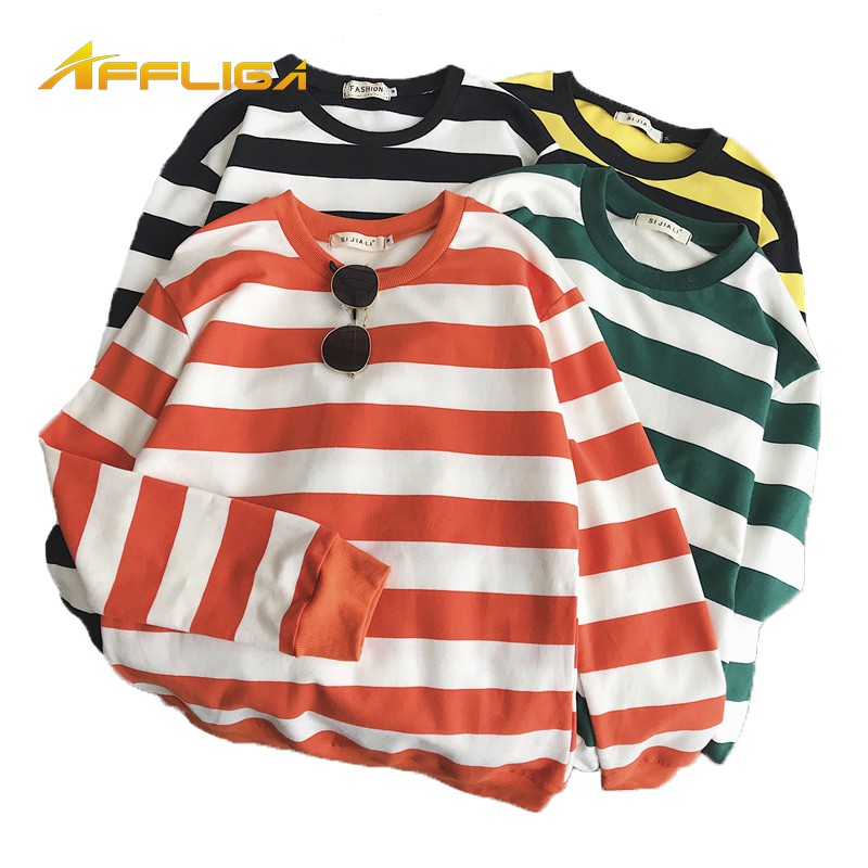 2018秋冬新款學生條紋大學t印花學院風休閒男生T恤 韓版休閒百搭寬鬆大尺碼條紋長袖t恤 大學T 打底衫 正韓上衣