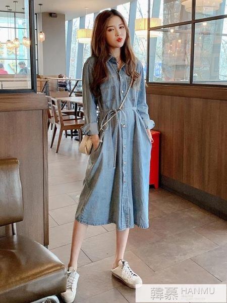 洋裝 長款牛仔連身裙女春秋韓版繫帶收腰襯衫裙a字長裙牛仔裙子 韓慕精品