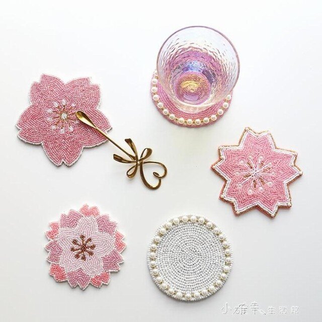 杯墊出口日本francfranc少女櫻花杯墊創意可愛碗墊子串珠隔熱墊餐桌墊 七色堇