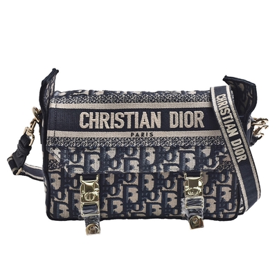 Dior 經典DIORCAMP系列Oblique刺繡帆布斜背郵差包(小_藍色)