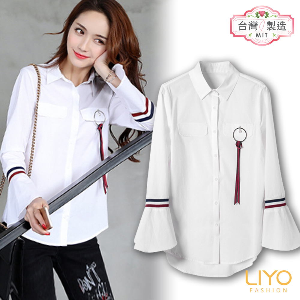 襯衫MIT海軍風喇叭袖寬鬆OL女白透氣襯衫LIYO理優-高級面料E815012