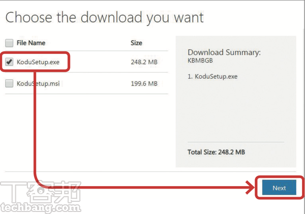 2.請點選「.exe」副檔名，容量較大的安裝程式，再按「NEXT」下載。該檔案才內含有必要的開發環境安裝包。