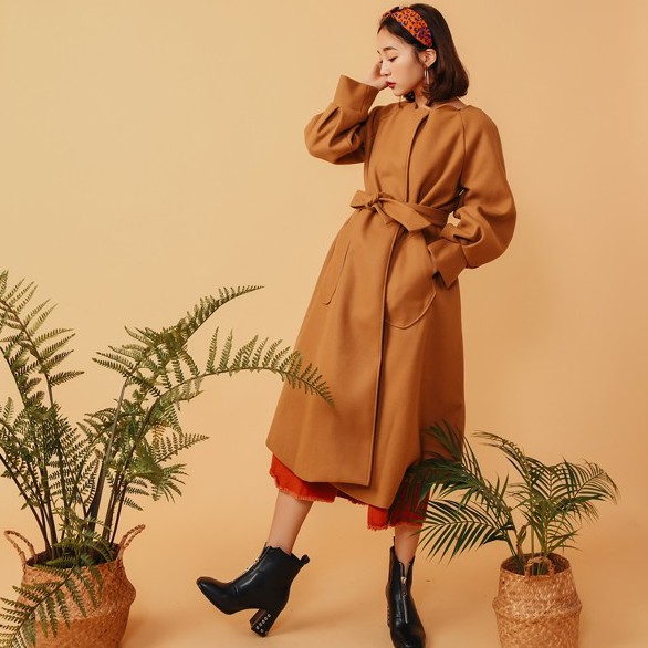 花邊領口打摺澎袖寬版毛呢大衣(附皮帶)