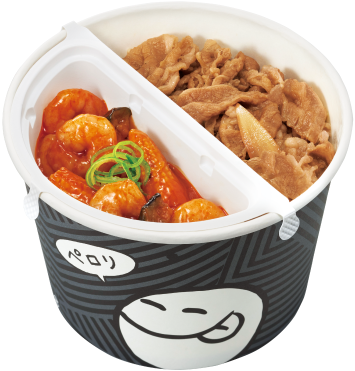 すき家に進化系牛丼弁当 Sukimix 牛丼とおかずをスプーンで混ぜて食べる