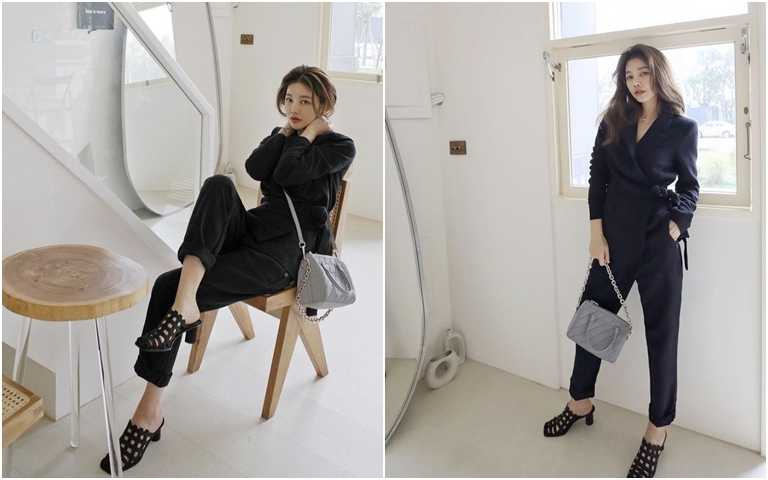 想要有氣勢時，黑色套裝絕對不能少，但可以偷偷利用比較有設計感的鞋包配件，讓造型一樣能保有流行元素，不怕被說是阿姨XD。(圖／翻攝許路兒IG)