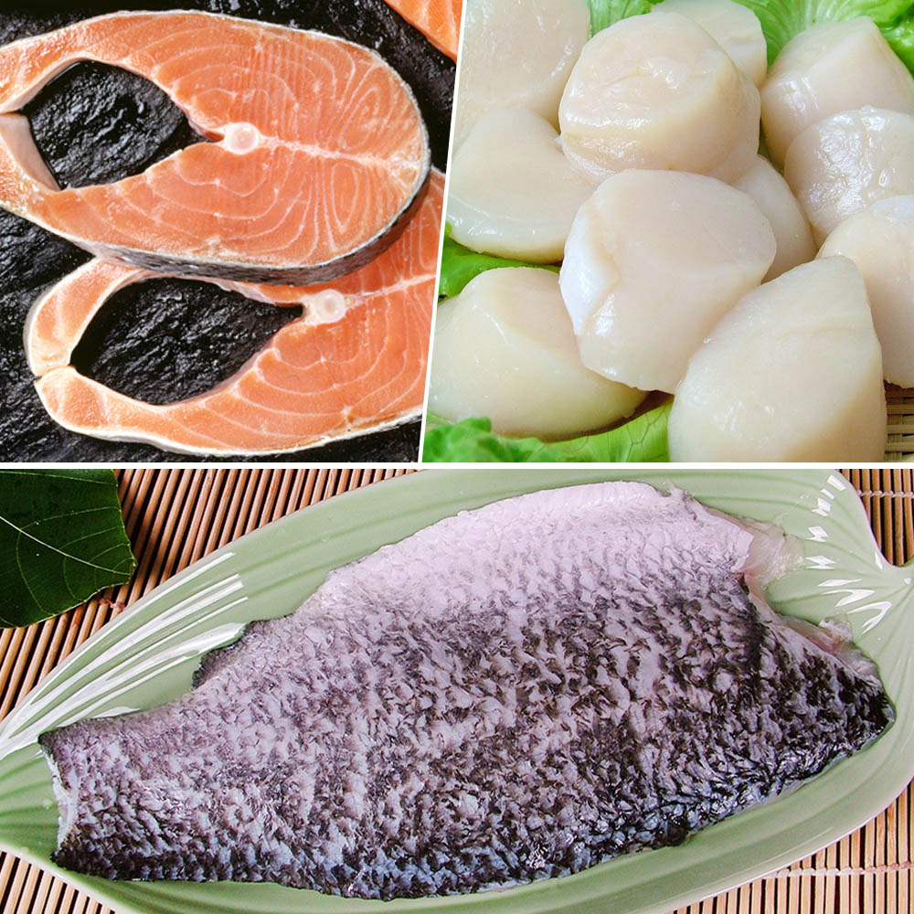 【新鮮市集】嚴選高檔鮮主張(北海道生食級干貝+澳洲尖吻鱸魚排+鮭魚輪切)