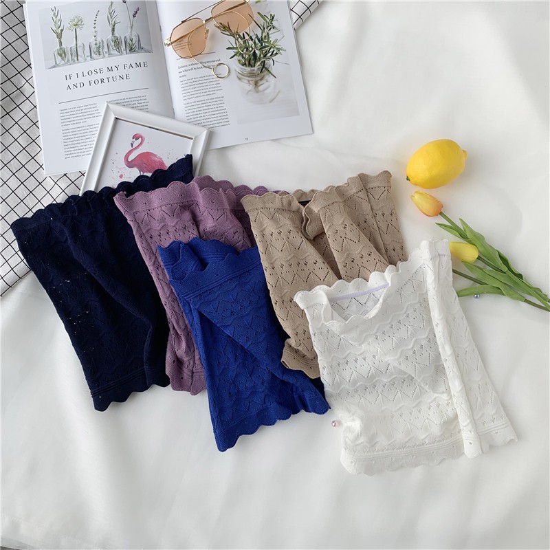 【現貨】韓版小性感蕾絲鏤空平口背心女修身顯瘦純色百搭裹胸個性木耳邊韓妞必備無袖打底衫抹胸上衣