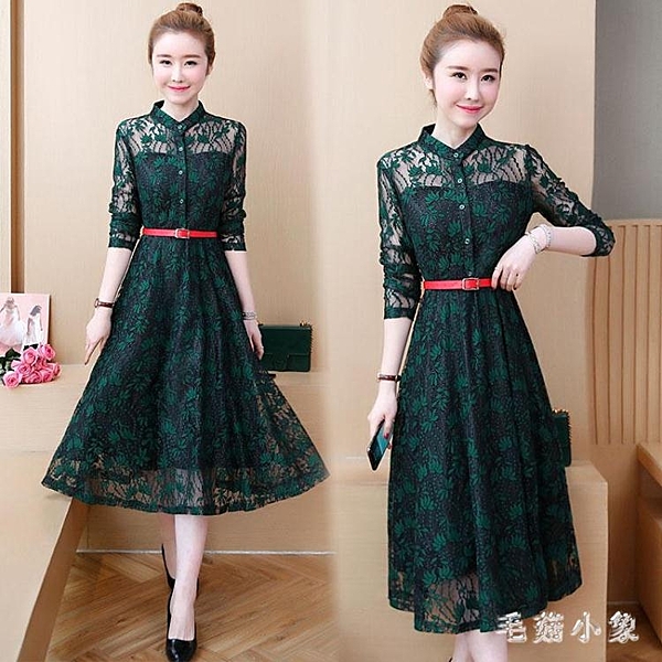 胖女人遮肉大碼洋裝寬鬆遮肚顯瘦減齡中長裙秋裝新款蕾絲連衣裙