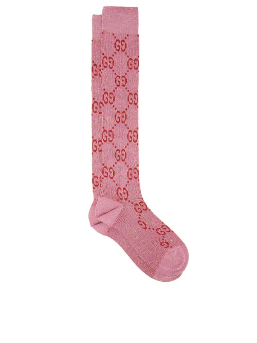 Gucci - GG-intarsia Cotton-blend Lamé Knee-high Socks - Womens - Pink Multi
