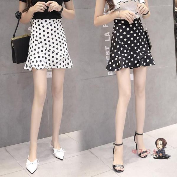 褲裙 波點半身裙女夏chic魚尾裙2019新款韓版高腰荷葉邊包臀雪紡短裙褲 2色S-2XL