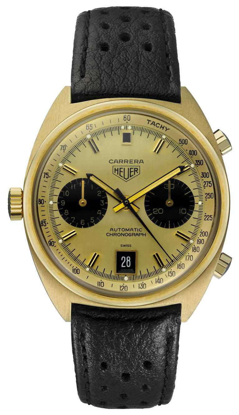 TAG HEUER「Carrera Heuer 1158CHN」古董錶，首枚於1969年作商用之自動計時碼錶，18K黃金錶殼，素有「機師腕錶（Pilot's watch）」之稱。（圖╱TAG HEUER提供）