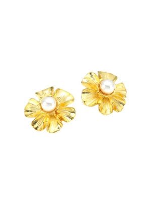 Sleek 22K goldplated flower earrings with a faux-pearl accent.; 22K goldplated; Round white faux pea