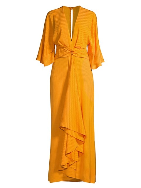 Draped with an alluring elegance, this dress flaunts a daring neckline, butterfly sleeves, and a cas