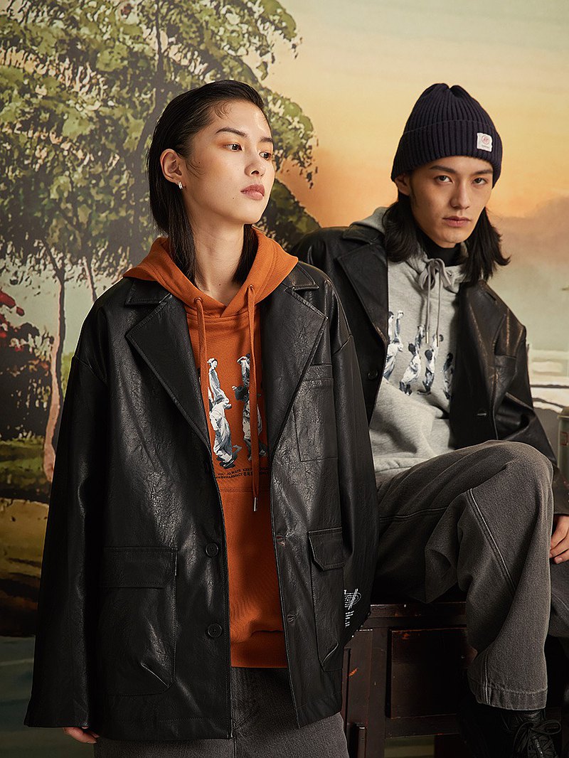 BYTEHARE巷尾藥局原創PU西裝領皮衣夾克男國潮復古文藝情侶裝外套