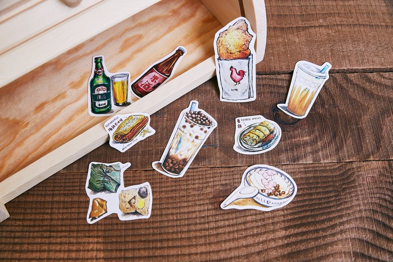 雞排 /台式啤酒／米酒 /珍珠奶茶/奶蓋茶/粽子/豆花/燒餅油條/蛋餅／豆花。由台灣插畫設計師 Leslie Wang 手繪插圖。