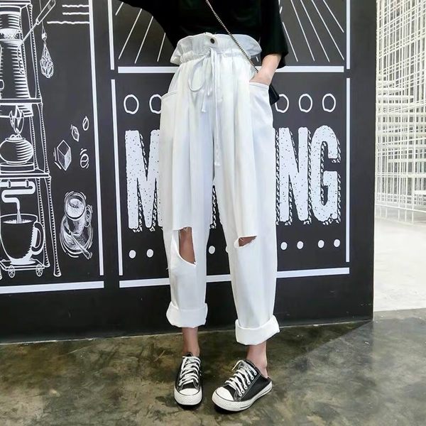 花苞 工作褲 破洞 高腰 抽繩 大口袋 寬鬆 休閒褲 縮口褲 長褲 個性 帥氣 潮流 顯瘦 韓國 NXS
