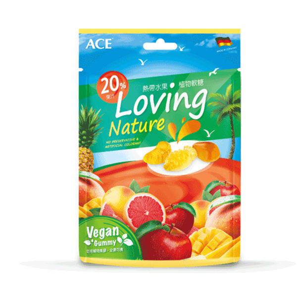 天然水果風味，多C多營養 使用植物果膠，全素可吃 20%天然果汁使用，無反式脂肪