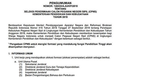 Perincian Formasi Cpns 2019 Di Kemendikbud Kompas Com Line Today