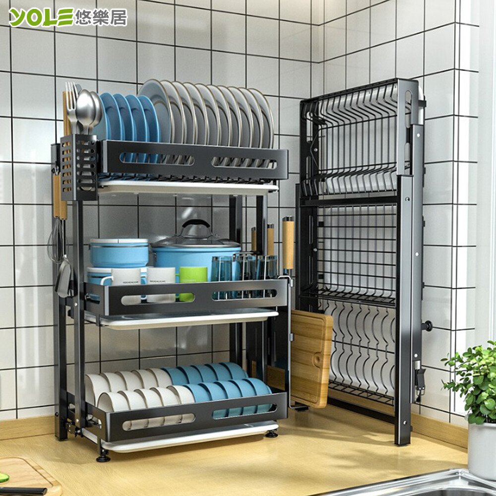 免安裝 一開即用一推即收 碗盤刀叉砧板等餐具全套收納 多層大容量餐具收納 烤漆不鏽鋼耐重防鏽 內容烤漆不鏽鋼免安裝折疊收納砧板餐具碗盤瀝水架*1組 品號1132093 規格展開26*43.5*63cm