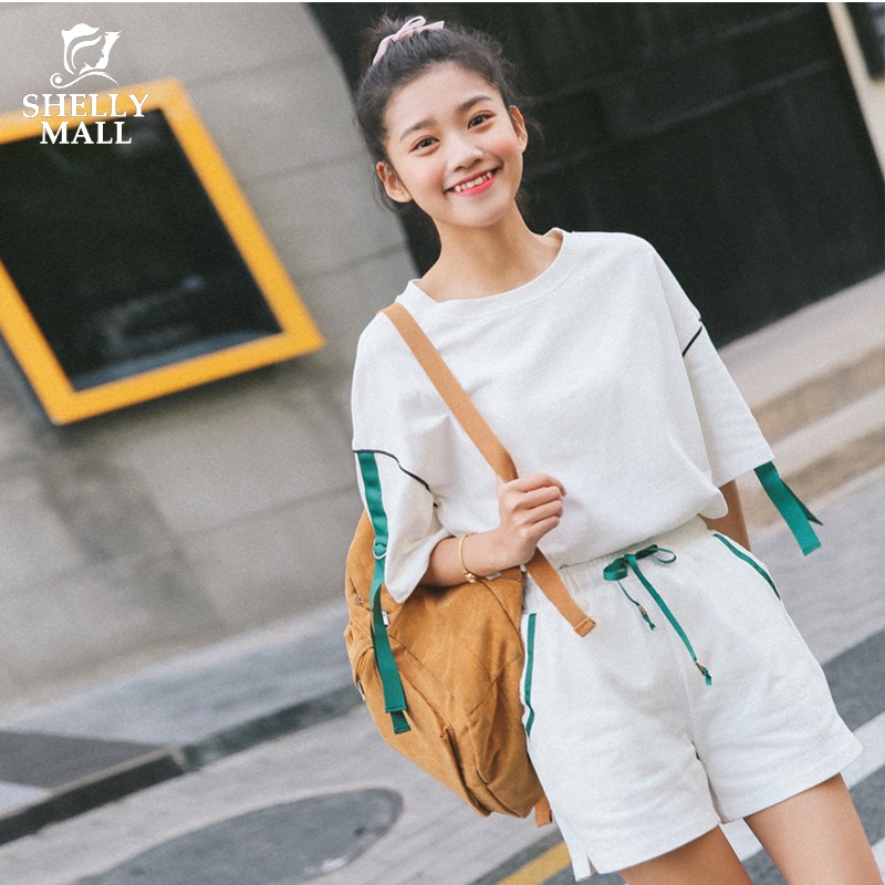 [希希家] 運動套裝 撞色圓領飄帶短袖T恤加休閒短褲套裝兩件套 韓系學院風套裝 素色上衣短褲休閒套裝 百搭套裝 女生衣著
