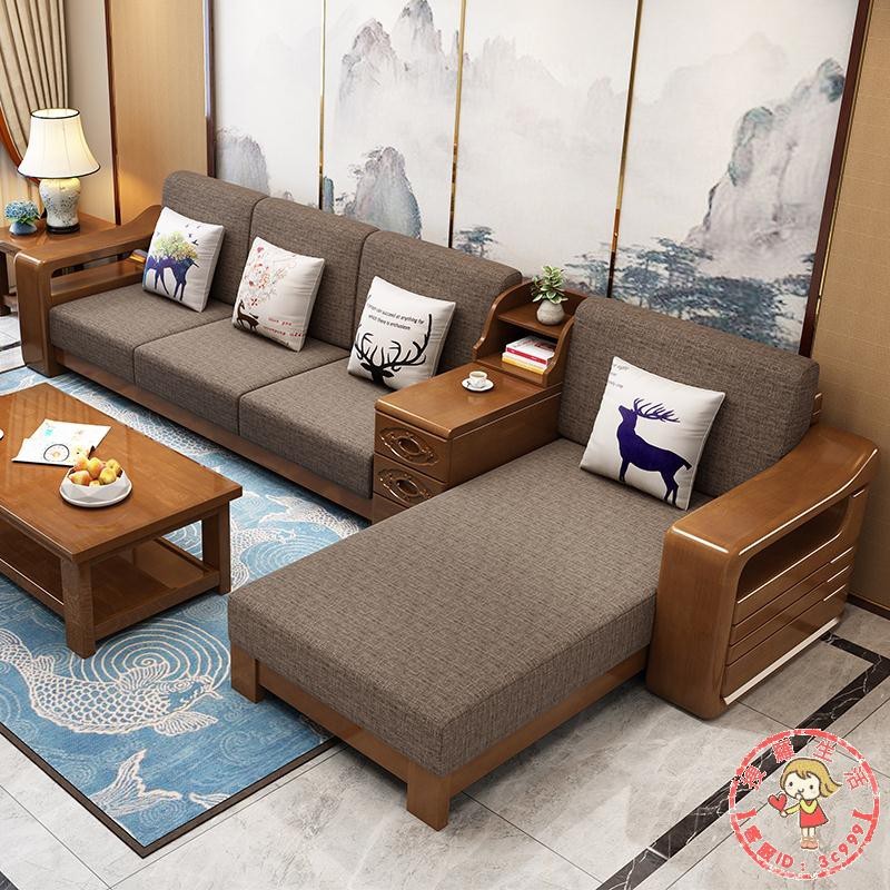 新中式實木沙發組合冬夏兩用大小戶型儲物轉角木沙發客廳整裝家具 - 組合,單人位+雙人位+三人位+茶幾+電視柜