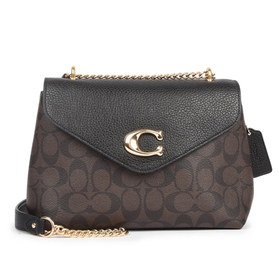 COACH TAMMIE 經典滿版C紋PVC拼接皮革C字造形肩背/斜背兩用信封式鏈帶包-深咖/黑色