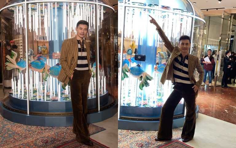 GUCCI 黑白條紋抽繩 T-Shirt／43,500元、棕色條紋西裝外套／87,000元、咖啡色寬褲／42,000元、酒紅 GG Logo皮鞋／28,700元（圖／品牌提供）